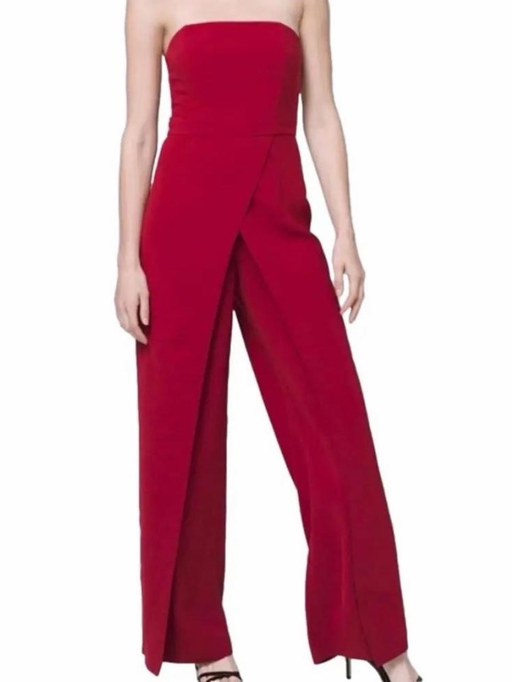 White House Black Market Strapless Red Wide-Leg Overlay Jumpsuit